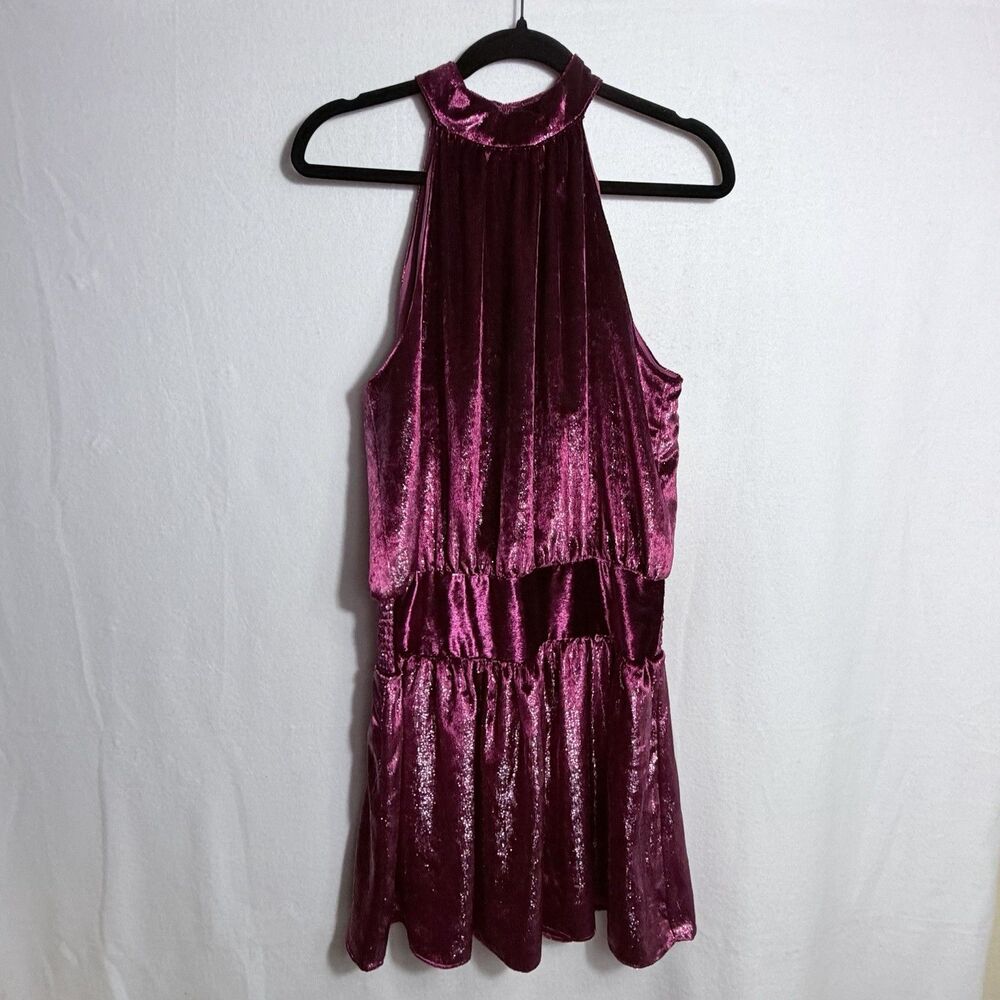 NEW Ramy Brook Deep Red Sparkle Velvet Velour Halter Neck Ellin Mini Dress Sz M